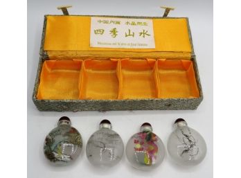 Asian Glass Snuff Bottles In Fabric Storage Box - Set Of 4