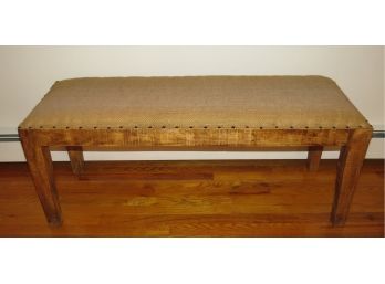 Bench - Wood & Burlap-style Fabric Upholstered With Hammered Nail Accents