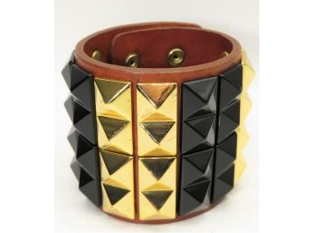 Tori Burch Bracelet - Leather, Black/gold Studded Cuff With Adjustable Snap Closure