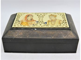 Trinket Box - Metal Box With Carved & Painted Bone Top Of A Maharajah & His Wife - Made In India