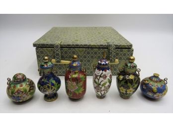Miniature Cloisonn Jars In Fabric Box - From Hong Kong - Set Of 6