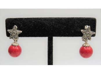 Sterling Silver Marcasite & Coral Beaded Earrings