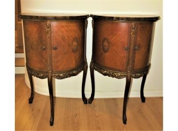 French Demilune Cabinet Side Tables - Antique Inlay Wood Detail - Two Door, 3 Legs - Set Of 2