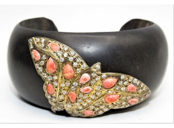 Wood Bracelet Cuff With Studded Butterfly