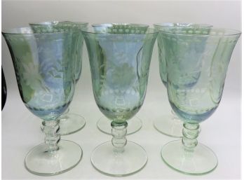 Crystal Wine Glasses - Tinted Green Etched Glasses - Set Of 6