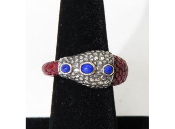 Sterling Silver Ring With Leather, Stingray Leather & 3 Blue Stones - Size 7