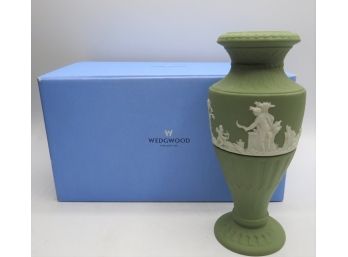 Wedgwood White On Sage Green Fluted Flower Vase - In Original Box