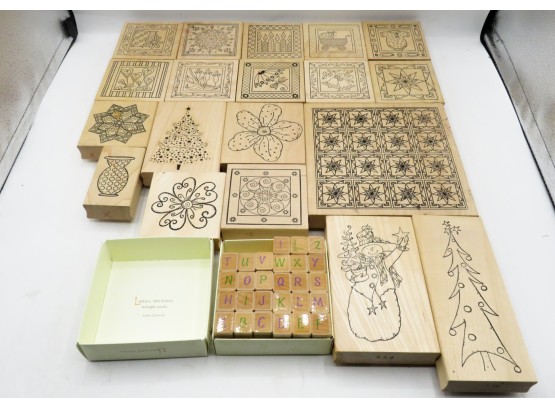 Lot Of 19 Wood Mounted Rubber Stamps W/ Full Alphabet Set In Box  -  Stampin' Up!