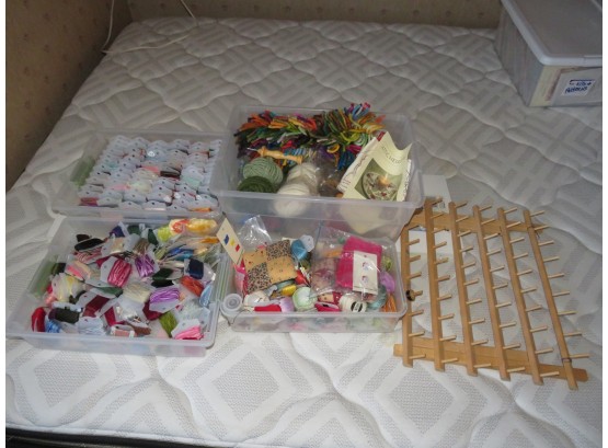 Large Lot Of Assorted Sewing Threads -  Assorted Colors - Wooden Rack Included