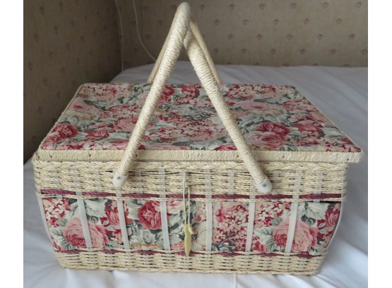 Vintage Floral Wicker Basket - Quilting Materials Inside Included
