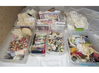 Large Lot Of Decorative Buttons, Thread, Ribbons, Quilting Fabric, And More