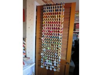 Large Lot Of Assorted Sewing Threads -  Assorted Colors - Wooden Rack Included - 235 Spools