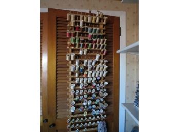 Large Lot Of Assorted Sewing Threads -  Assorted Colors - Wooden Rack Included - 125 Spools