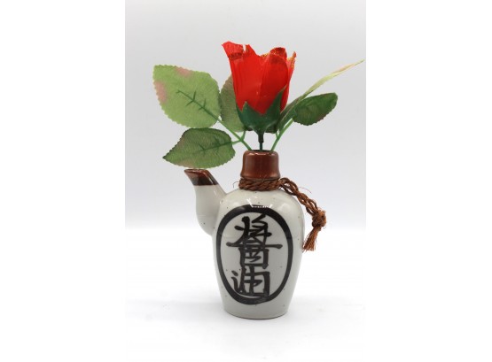 Japanese Ceramic Soy Sauce Pot W/ Faux Rose Flower
