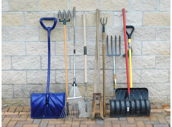 Assorted Yard Tools Shovels Rake Thatcher Pitch Fork Lot Of 9