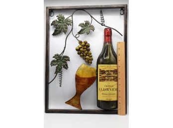 Metal Framed Chateau La Louviere Wine Bottle & Grape Vine Decor Lot Of 2