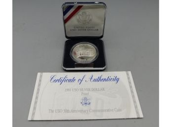 1991 United States USO Silver Dollar Proof Commemorative Coin With COA