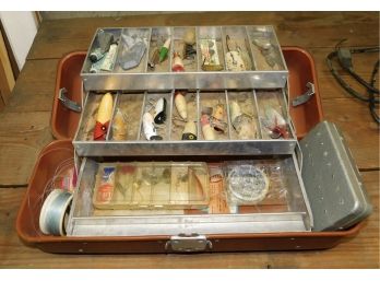 Vintage Fold-a-tray Aluminum Tackle Box With Assorted Fishing Lures