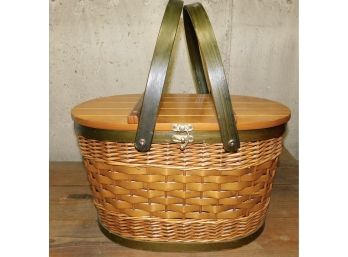 Solid Wood Weave Picnic Basket With Handle And Tableware Set