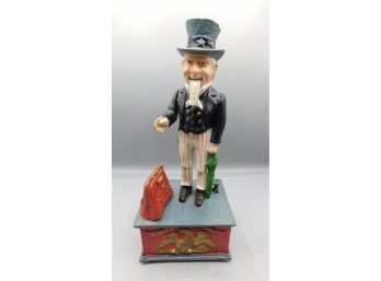 Reproduction Cast Iron Mechanical Coin Bank - Uncle Sam - Made In Taiwan