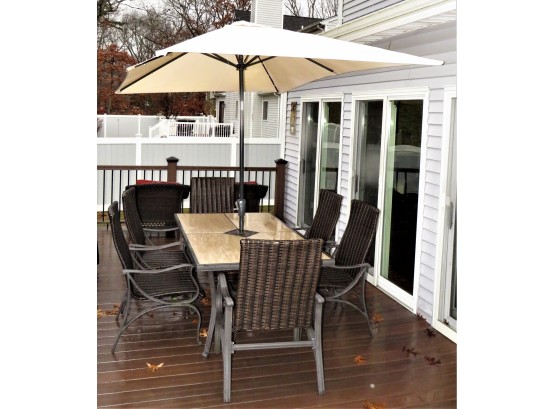 Hampton Bay Outdoor Patio Set - Table, 6-chairs & Rectangular, Lighted Umbrella & Stand