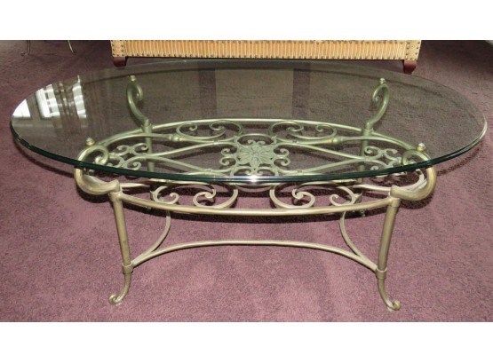 Ethan Allen Coffee Table - Oval Glass Top With Metal Base