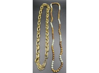 Costume Jewelry Necklaces - Gold Chain & White/gold Beaded Necklace - Set Of 2