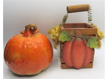 Pumpkin Decor - Ceramic Pumpkin Table Decor & Wood Pumpkin Motif Basket - Set Of 2