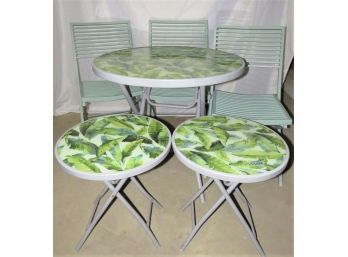 Bistro Set - Leaf Motif, Metal 3-folding Chairs, Round Table & 2-snack Tables