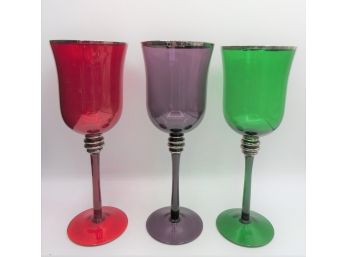 Stemmed Glasses - Red, Green & Purple - Set Of 3