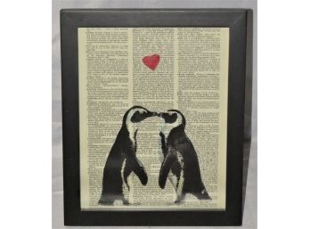 Susie Arts Penguin Couple With Heart & Upcycled Vintage Dictionary Art Print Decor