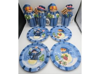 Snowman Plates & Mugs With Lids - Service Of 4 - In Original Box