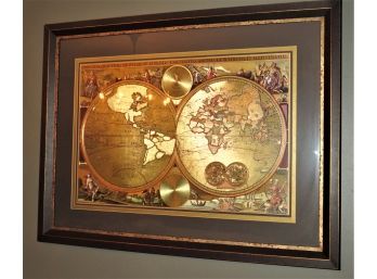 ORBIS TERRARUM TYPUS DE INTEGROIN PLURIMIS GOLD FOIL MAP OF THE WORLD Custom Framed 42' X 32'