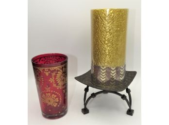 Chesapeake Bay 'stay Luxe' Gold Candle, Metal Stand & Red Small Glass