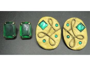 Rectangle & Oval Earrings With Emerald Green & Gold Tone Costume Jewelry Earrings- Assorted Set Of 2