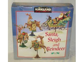 Kirkland Signature Santa, Sleigh & Reindeer Carved Wood Appearance Hand-painted - New In Box