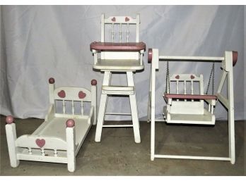 Doll Furniture - High-chair, Bed & Swing - White Painted Wood - Set Of  3
