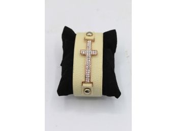 Cubic Zirconia Religious Cross Bracelet W/ Faux Leather Band