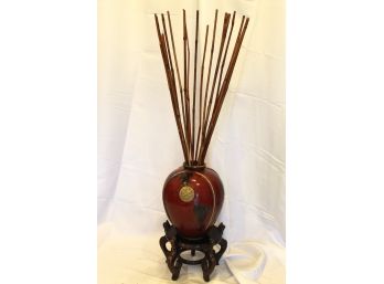 Oriental Ceramic Vase W/ Wood Stand & Bamboo Shoots