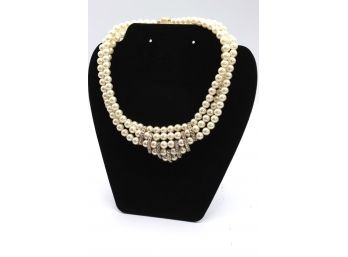 Woman's Pearl Faux Necklace W/ Cubic Zirconias Studded Links
