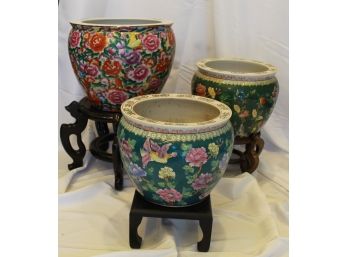 Large Oriental Ceramic Floral Vases Planters W/ Wood Stands Lot Of 6pcs