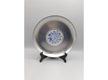Blue & White Ceramic Mandala Medallion On Silver Tone Plate