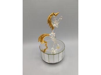 Glass Unicorn Figurine On Mirrored Music Trinket Dish