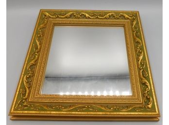 Old Victorian Gold Gilt Foliate Ornate Mirror With Green Framed Accents Square
