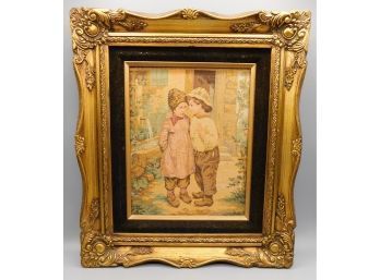 Ornate Gold Gilt Framed Boy & Girl Telling Secret Tapestry