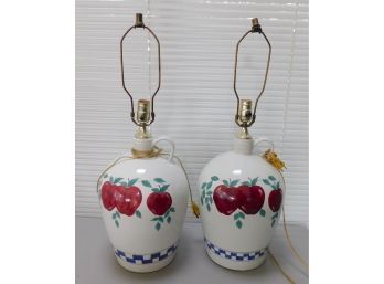 Porcelain Matching Decorated Apple Table Lamps Lot Of 2 Jug Style Handles On Both