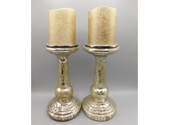 Mercury Glass Candlestick Holders With The Amazing Flameless Candles - Set Of Two