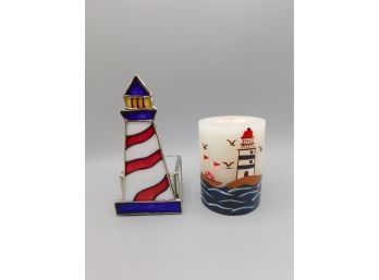 Glass Lighthouse Tealight Candle Holder & Hand Painted Lighthouse Candle