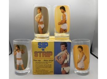 Vintage 1983  Fantasy Glasses Spencer Gifts Sip N Strip - Set Of 4 With Box You Sip They Strip