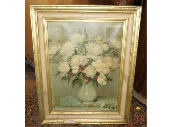 DYF Artist Signed Oil On Canvas Floral Bouquet Pattern Framed